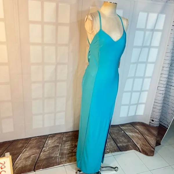 Blashe NWT Turquoise Halter Stretch Satin Crisscross Open Back Long Gown Medium - Image 2