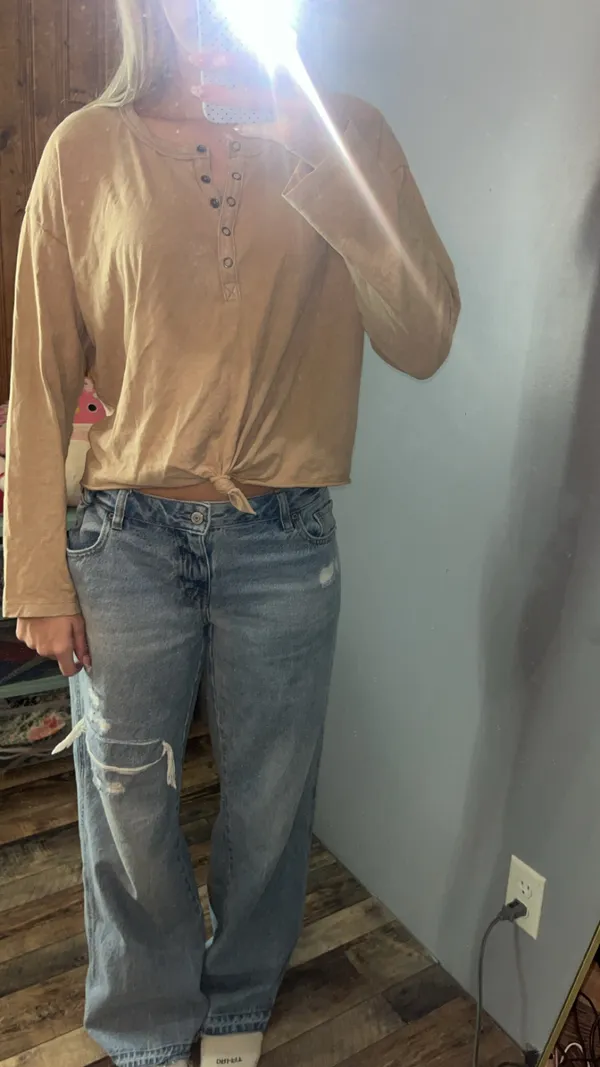 Aerie Henley Long Sleeve Front Knot Beige Top - Image 2