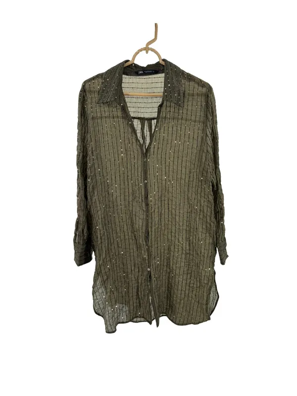 ZARA Woman's Sequin Oversized Tunic Top Shirt Olive Green M sheer casual coverup - Image 2