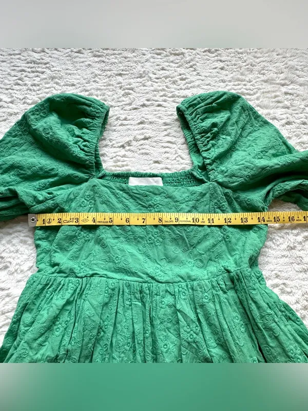 Tuckernuck Pomander Place Cotton Mini Dress XS Green Puff Sleeve Embroidered - Image 12
