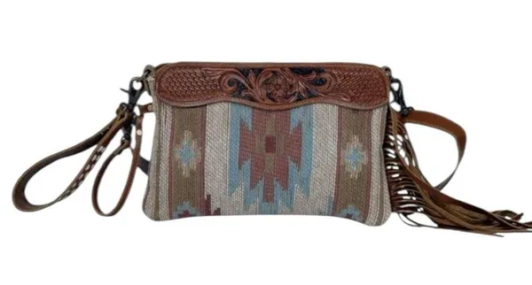 Myra Bag Brown Hand Tooled Tassels Crossbody Handbag Clutch Purse - Image 6