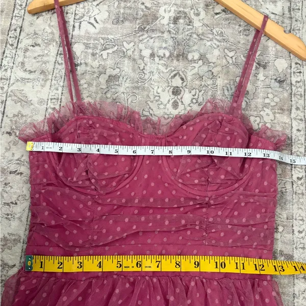 Lulus Sweetheart Style Mauve Polka Dot Bustier Tiered Midi Dress Size Small NWT - Image 7