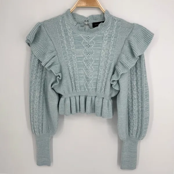 MAJORELLE Langley Cable Ruffle Sweater Small Blue Coquette Cottagecore Boho - Image 4
