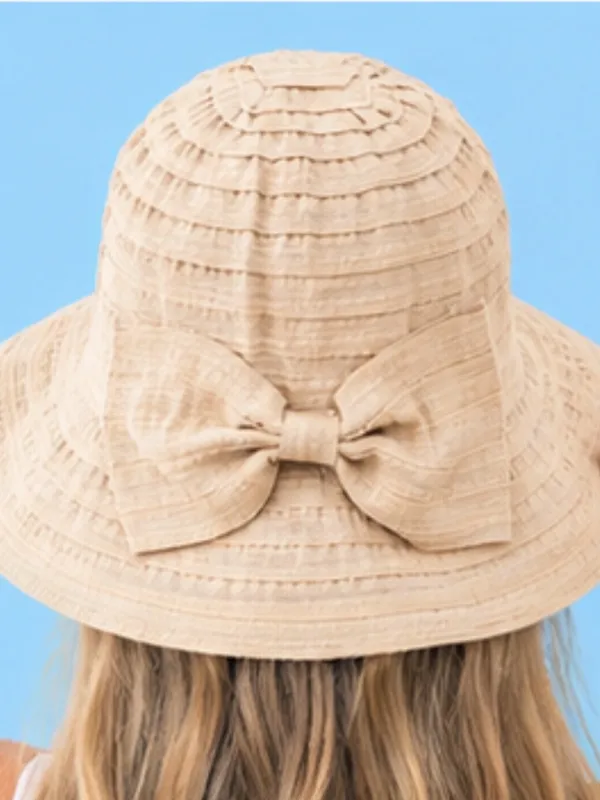 Women's Packable Wide Brim Hat with Bow -BEIGE colored Summer Beach Vacation Hat - Image 2