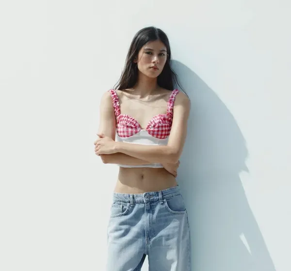 ZARA Gingham Corset Top - Oyster White - Image 2