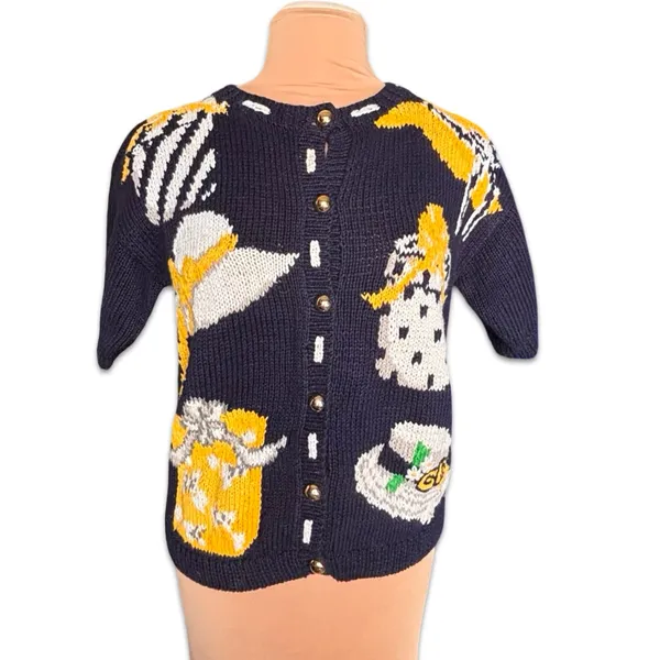 Vintage Eagles Eye Hat Motif Knit Cardigan Navy Yellow‎ Small Whimsical Cottage - Image 3
