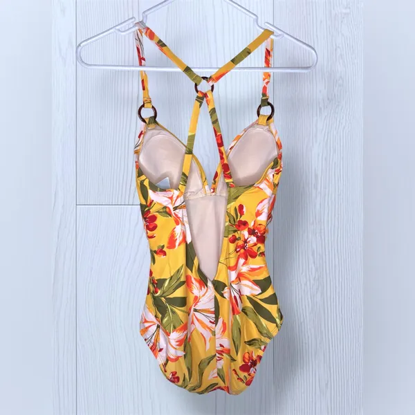 KONA SOL Boho Tropical Floral One Piece Swimsuit Yellow Hibiscus Print Small - Image 5