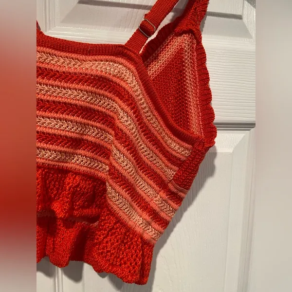 Steve Madden NWT Madden NYC Size XL Orange Coral Stripe Crochet Crop Top V Neck Adjustable - Image 11