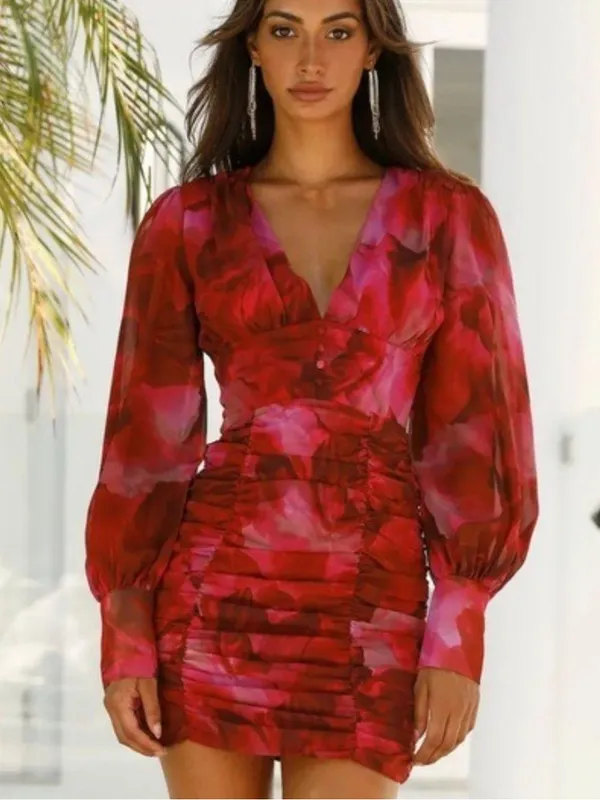 Runaway Lizbeth Ruched Long Sleeve Mini Floral Dress Size Small US 4 Hello Molly - Image 3