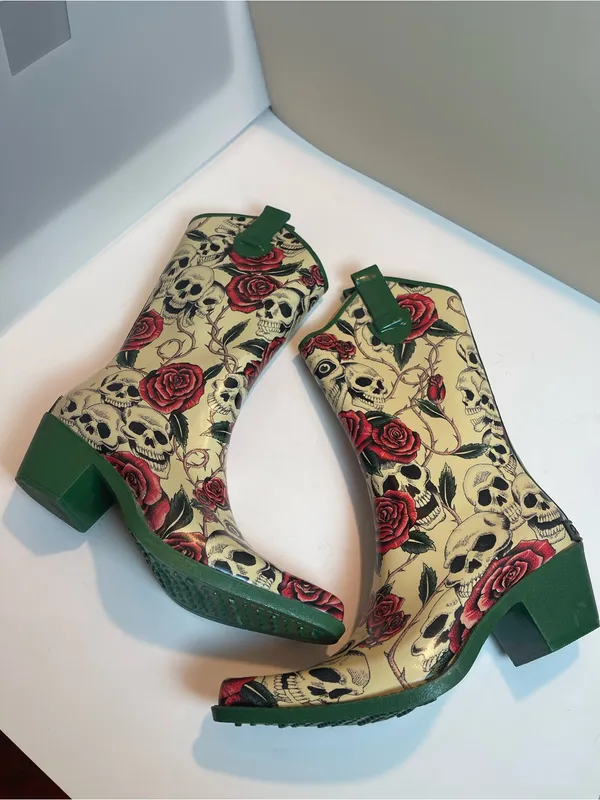Corkys Edgy Skull Rose Western Cowboy Rain Boots Alternative Grunge Block Heel 8 - Image 2