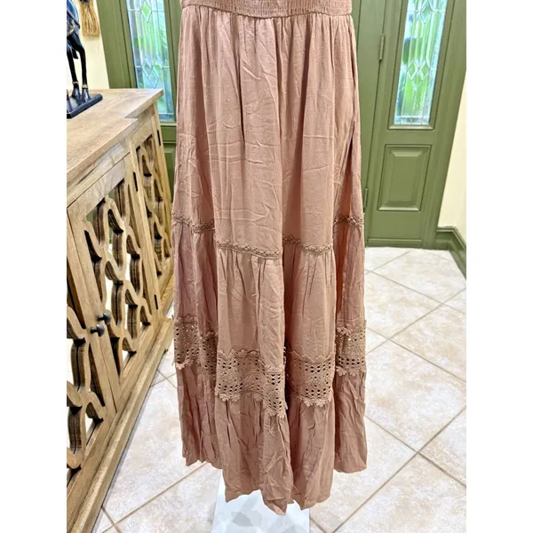 Mauve Pink Strapless Maxi Dress – Smocked Bodice & Crochet Lace Trim | Size S - Image 4