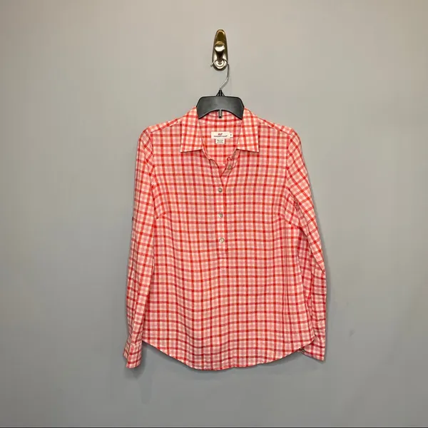Vineyard Vines Gingham Plaid Pink &‎ Orange Pullover Blouse - Image 5