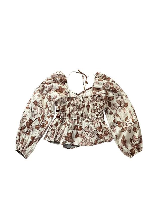 Prómesa Cream Brown Floral Puff Sleeve Babydoll Top Velvet Trim Cottage Renfaire Romance - Image 7