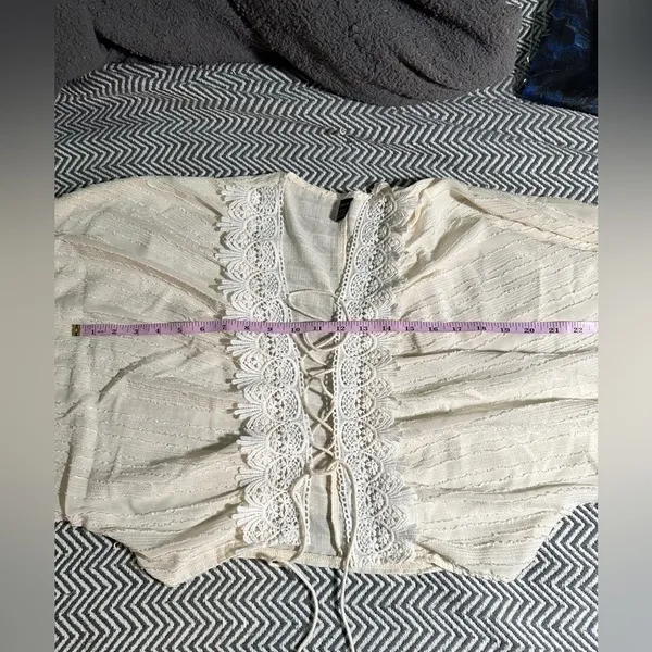 SheIn Boho Cream Lightweight Long Sleeve Top Lace Up Gauze With Crochet Trim Sz L - Image 12