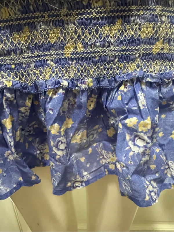 LoveShackFancy Belle Smocked Tie Straps Cotton Mini Dress Blue Jay Floral Print - Image 5