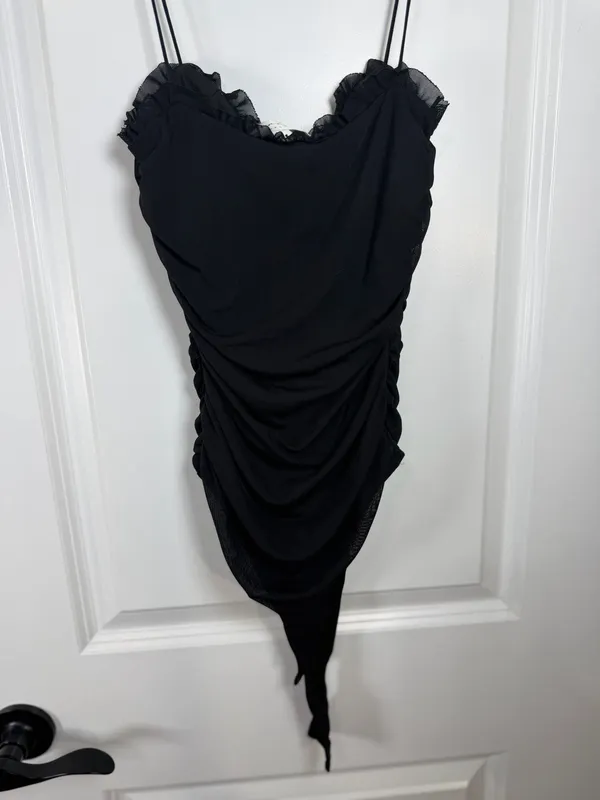 American Threads Black Ruffle Mesh Ruched Bodysuit - Image 6