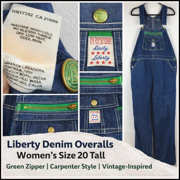 Liberty Denim Overalls — Women's Size 20‎ Tall Green Zip Accent Carpenter Style - Image 2