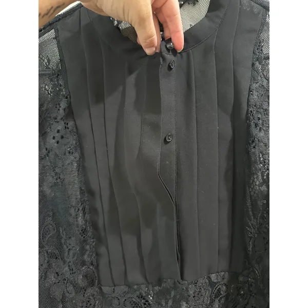 White House Black Market Black Lace Pleated Bib Blouse Top Size 10 Long Sleeve - Image 3