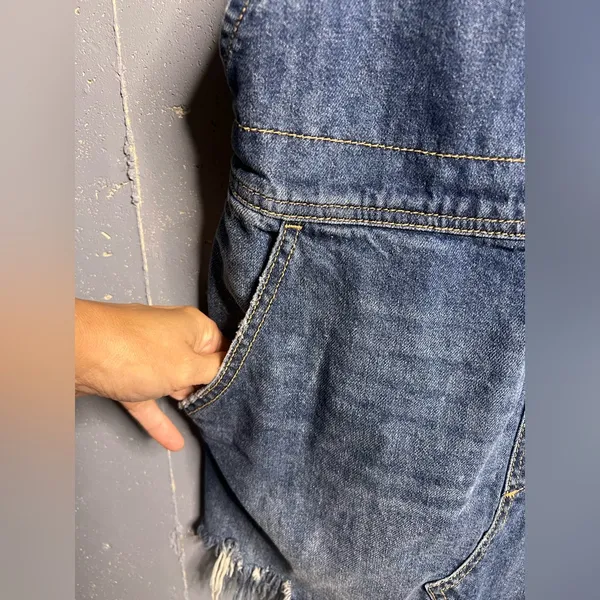 Free People Denim Raw Hem Mini Overall Skirt Size 4 - Image 7