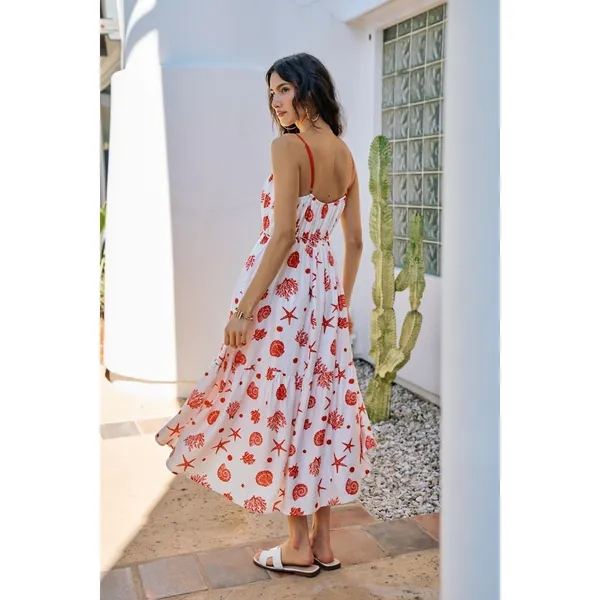 SO ME Shell Print Tiered Lined Midi Cami Dress With Belt‎ - Large - Image 6