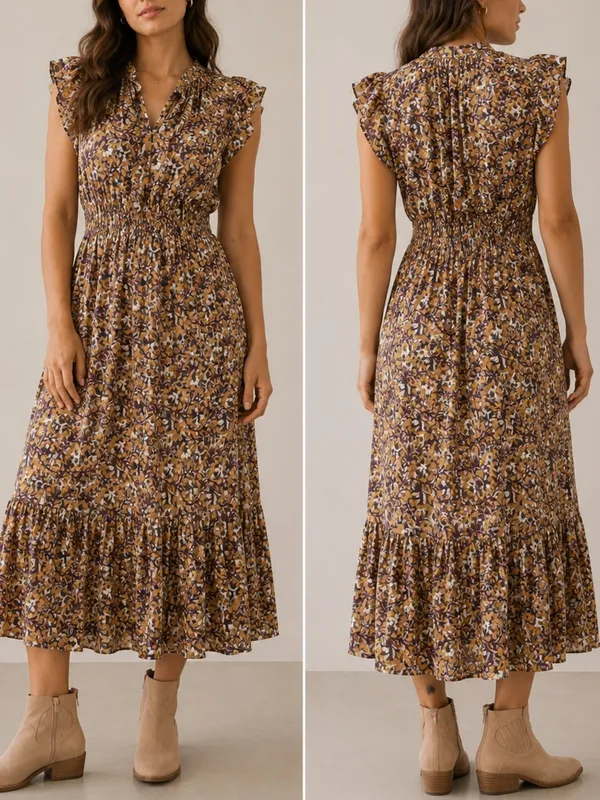 Anthropologie Othilia Aleksia Floral Boho Mustard Purple Ruffle Cottagecore Maxi Dress - Image 10