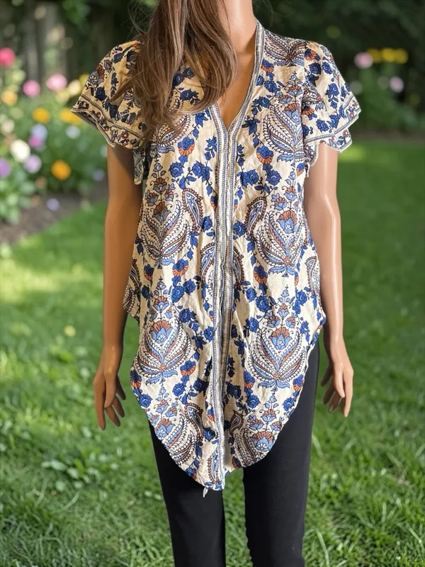 Max Studio Boho Paisley Tie Front Blouse M Blue Cream Coastal Top Anthro-Style - Image 6