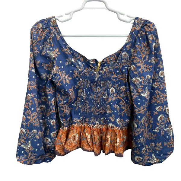 House of Harlow 1960 Peplum Top Women‎ S Blue Floral Lace-Up Boho Puff Sleeve - Image 8