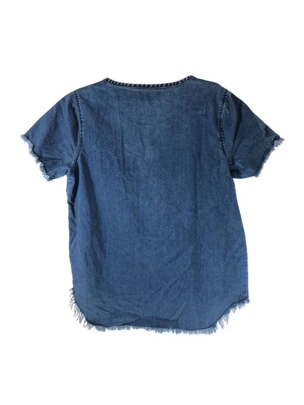 Glamorous Top Denim Hi Low Hem Fringe Raw Hem Pocket Short Sleeve L - Image 2
