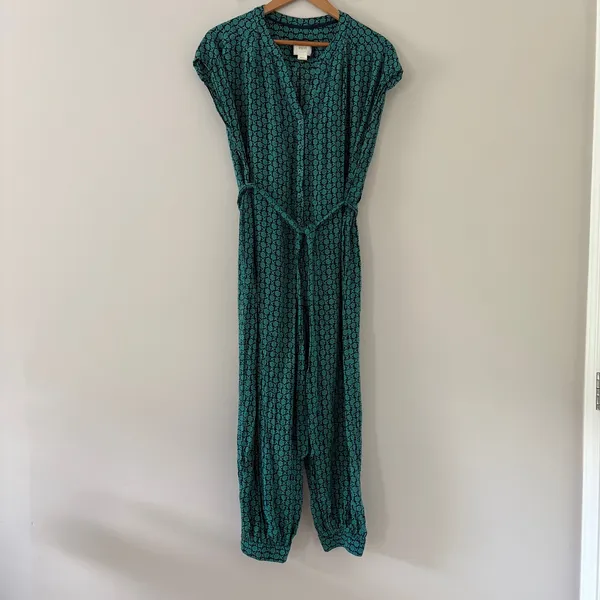 Maeve Geoscope Jumpsuit Small Green Blue Boho Graphic Print Button Front Belted - Image 15