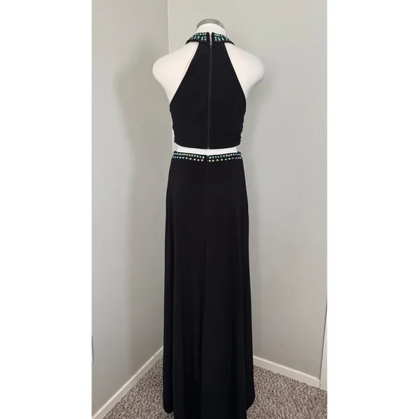 Crystal Doll Black Halter Neck Cutout Beaded Maxi Dress‎ Size 9 Prom Formal - Image 4