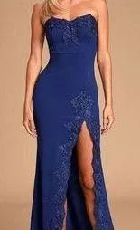 Twyla Royal Blue Embroidered Strapless Maxi Dress gown with slit Sz L - Image 2