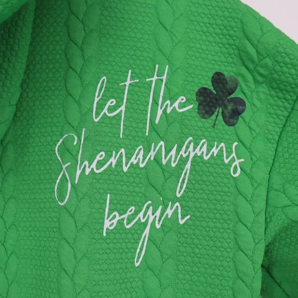 Let The Shenanigans Begin Hoodie Women Medium Green Printed Knit Kangaroo Pocket - Image 3
