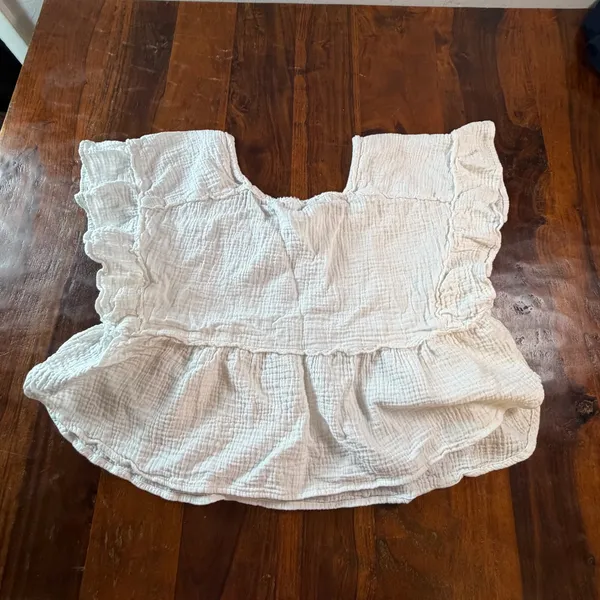 Anthropologie White Cotton Gauze Ruffle Peplum Blouse Square Neck Large - Image 2