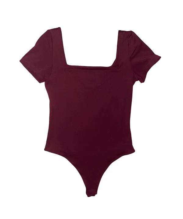 Square Neck Short Sleeve Thong Bodysuit - Wine 🍷 (Color) - Image 3