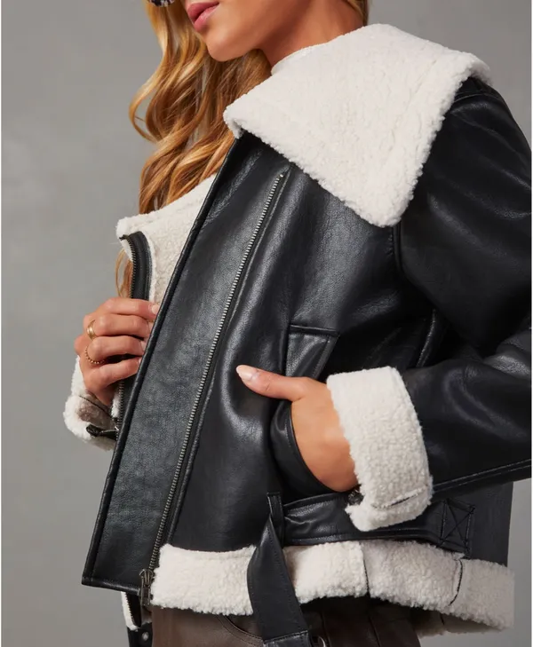 Vici Black Leather Sherpa Jacket  - Image 3