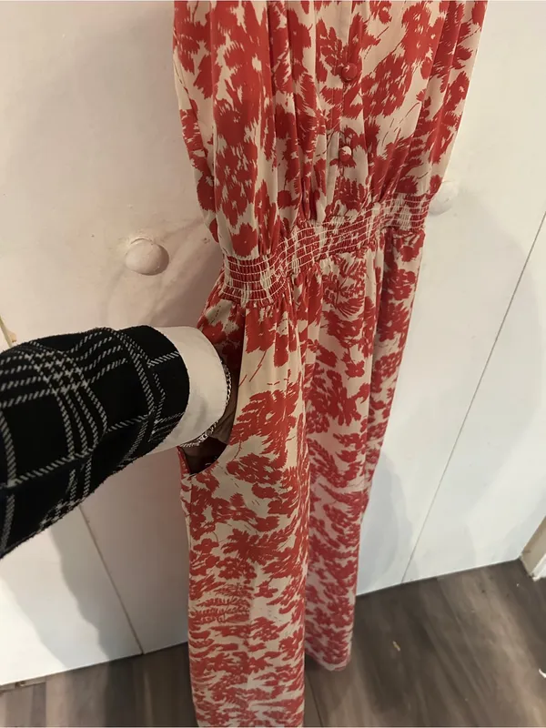 Prómesa Cream Dress with Coral-Red Floral Print - Image 13