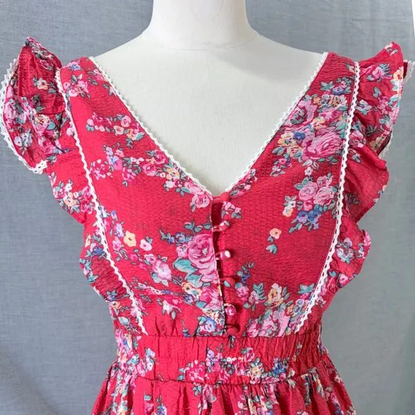 Betsey Johnson Mini Dress Red Floral Tiered Ruffle Lace Trim XS - Image 3