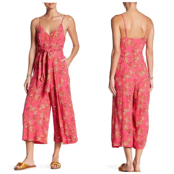Free People Hot Tropics Jumpsuit Size 4 Pink Floral Cropped Wide Leg Boho - Image 14