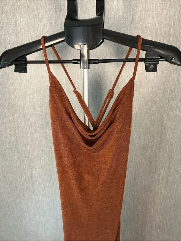 Cowl-Neck Midi Slip Dress in Rust Brown - Image 15