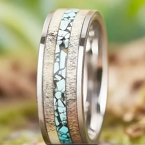 Men’s 8mm Stainless Steel Silver Deer Horn w/ Crushed Turquoise Inlay Band S 13 - Image 2