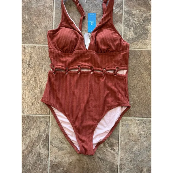 CUPSHE One Piece Deep V Neck Ribbed Texture Cutout Brown Size Medium - Image 6