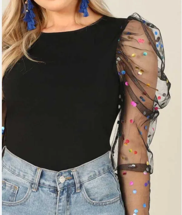- New puff sleeves statement top sheer sleeves polka dot print bodysuit L - Image 13