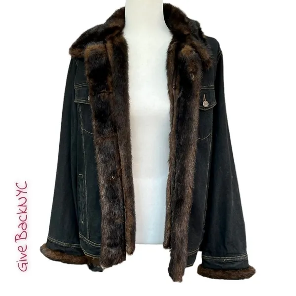 Dennis Basso 2pc Denim Jacket Faux Fur Vest Lining S - Image 4