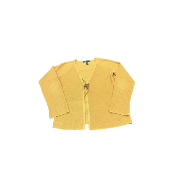 Lauren Ralph Lauren Yellow 100% Linen Knit Cardigan Sweater Women's Size M - Image 3
