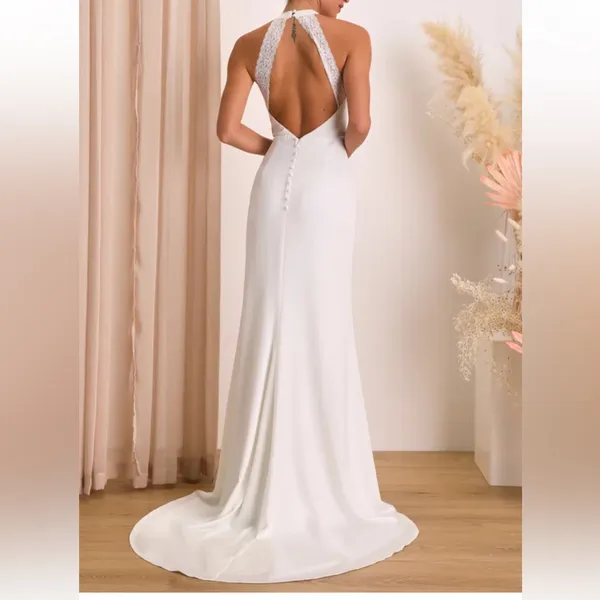 Lulu's White Satin Lace Backless Wedding Gown Dress Small - Image 2