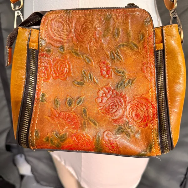 Vintage Leather Women's Purse Floral Embossed Crossbody Bag Small Shoulder Brown - Image 12