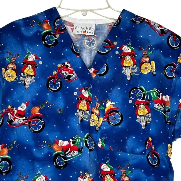 Peaches Uniforms Christmas Santa Motorcycle Scrub Shirt‎ - Image 2