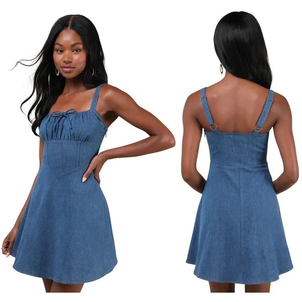 Lulus Considered Charisma Blue Chambray Bustier Mini Dress XL HD5162 NWT - Image 2