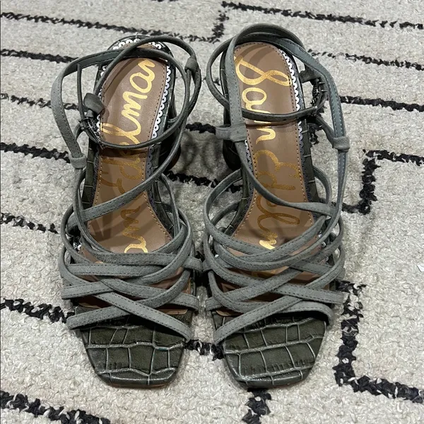 Sam Edelman Daffodil Croc Strappy Heel Sandal in Mineral Green Suede NEW - Image 8