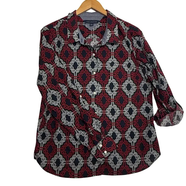 Tommy Hilfiger‎ Top Sz L Abstract Patriotic Print Button Up Shirt Preppy Casual - Image 3